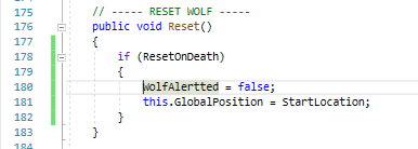 Altered Reset Node on player death code for the wolf